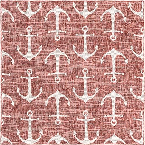 Unique Loom Outdoor Coastal Collection Area Rug - Ahoy (5' 3" Square, Rust Red/ Ivory) - Image 3