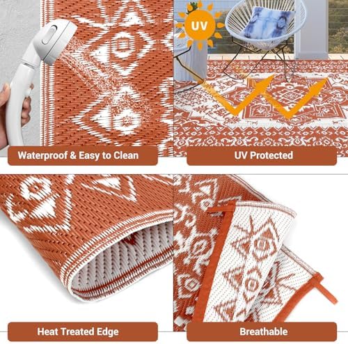 COZYLOOM Large Outdoor Rug 10x20 Waterproof Reversible Mat Palm Retro Oriental Camping Rugs Indoor Outdoor Rugs Carpet Plastic Straw Rug for Patio Deck Balcony Pool RV Camping, Vintage Terracotta - Image 4