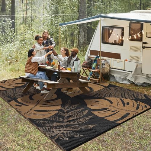 Waterproof 9x18 Outdoor Rug for Patio Reversible Plastic Straw Rug Floral Camping Carpet with Carry Bag, Stain & UV Resistant Portable RV Carpet for Camper Deck Balcony Porch Beach Picnic,Brown by GLOWSOL