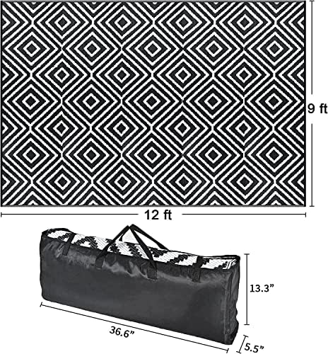 9' x 12', Plastic Straw Rug, Outdoor Patio Rugs, RV Rug, Large Floor Mat and Rugs for Outdoors, RV, Patio, Backyard, Deck, Picnic, Beach, Trailer, Camping, (Black&White | Diamond) - Image 2