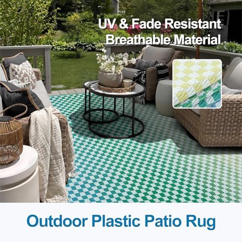Wonnitar Waterproof 9x12 Outdoor Rug - Blue Yellow Gradient Geometric Patio Rug, Extra Large Plastic Straw Carpet for Balcony Beach Garden Deck, Reversible Outdoor RV Camping Mat - Image 3