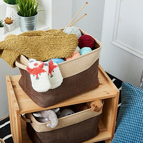 EZOWare Set of 3 Large Canvas Fabric Tweed Storage Organizer Cube Set W/Handles for Nursery Kids Toddlers Home and Office - 15 L x 10.5 W x 9.4 H -Brown/Beige - Image 3