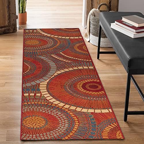 Liora Manne Marina Indoor/Outdoor Power Loomed Synthetic Blend Low Profile Area Rug - Transitional Geometric Casual Medallion Colorful (Circles Saffron) (1'11" x 4'11") by LushDecor