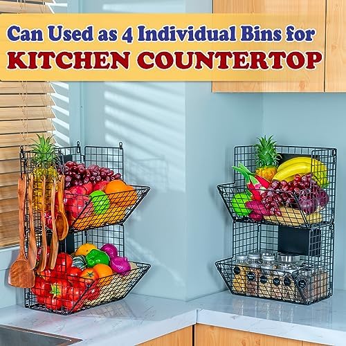 X-cosrack Metal Wire Basket Wall Mount, 4 Tier Extra Large Wall Storage Basket Organizer with Chalkboards, Kitchen Fruits and Vegetables Produce Bin Rack Toys Organizer Bathroom Tower Baskets (Black) - Image 3