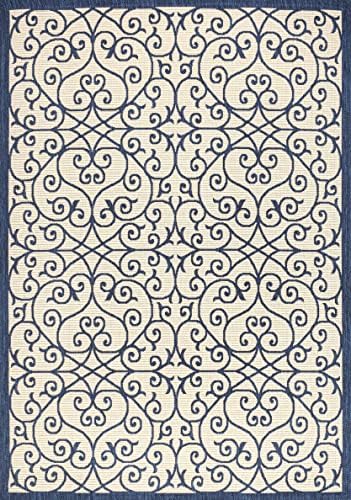 Eyely Filigree Textured Weave Area Rug 5X8 Navy/Beige, Indoor Outdoor Rug - Image 3