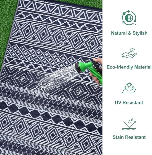 GlowSol Outdoor Rug 9x18 for Patio,Waterproof Outdoor Plastic Straw Rugs with Carry Bag,Reversible Camping Carpet RV Mat Outside for Patio, Camp, Picnic, Balcony, Deck, Backyard, Navy & White - Image 5