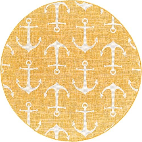 Unique Loom Outdoor Coastal Collection Area Rug - Ahoy (5' 3" Round, Yellow) - Image 3
