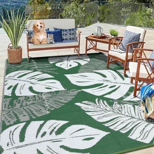 Waterproof 9x18 Outdoor Rug for Patio Reversible Plastic Straw Rug Floral Camping Carpet with Carry Bag, Stain & UV Resistant Portable RV Carpet for Camper Deck Balcony Porch Beach Picnic,Green by GLOWSOL