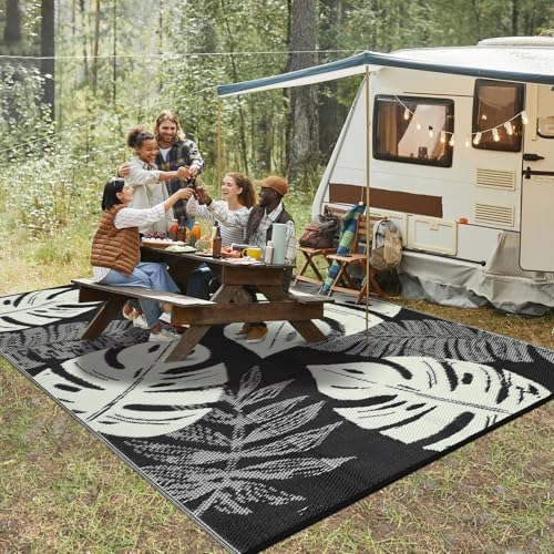 COZYLOOM Outdoor Rug 9' x 12' Waterproof for Patios Clearance, Reversible Plastic Straw Camping Carpet, Modern Leaf Large Area Rugs Mats RV, Picnic, Backyard, Deck, Balcony, Porch, Beach, Black Beige - Image 7