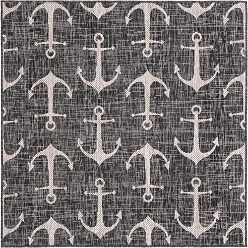Unique Loom Outdoor Coastal Collection Area Rug - Ahoy (5' 3" Square, Charcoal/ Ivory) - Image 3