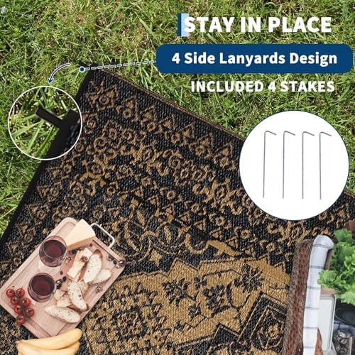Outdoor Rug 9x12 Reversible Patio Rug Outdoor Plastic Straw Rugs Vintage Medallion Waterproof Outside Carpet for Deck RV Camping Rugs for Patio Backyard Picnic Porch Beach Balcony, Black Brown - Image 4