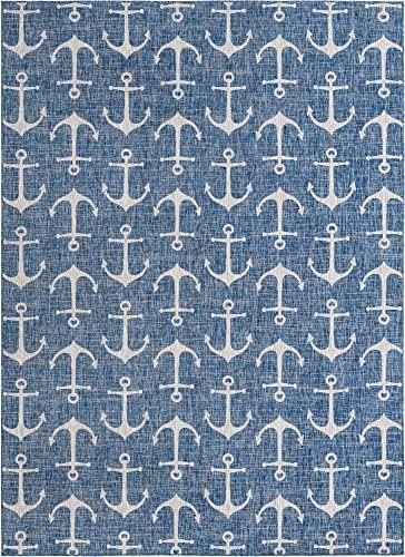 Unique Loom Outdoor Coastal Collection Area Rug - Ahoy (10' x 14' 1" Rectangle, Blue/ Ivory) - Image 2