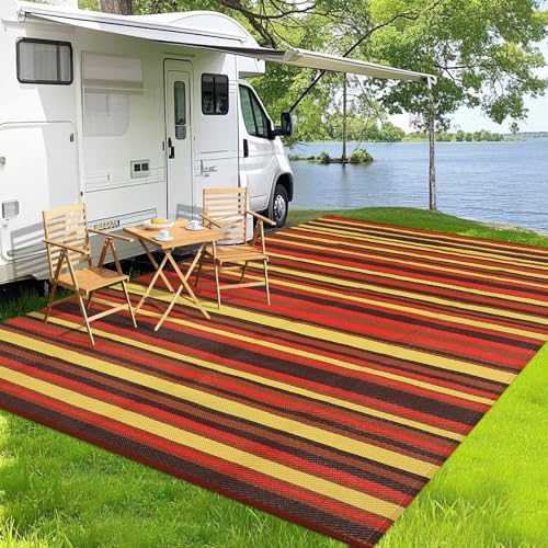 GAOMON 9x12 Large Outdoor Rug Waterproof for Patio Plastic Straw Rug Geometric Stripe Outside Carpet Modern Lines Outdoor Rugs for RV Porch Deck Trailer Beach, Purple/Red/Orange/Yellow - Image 2
