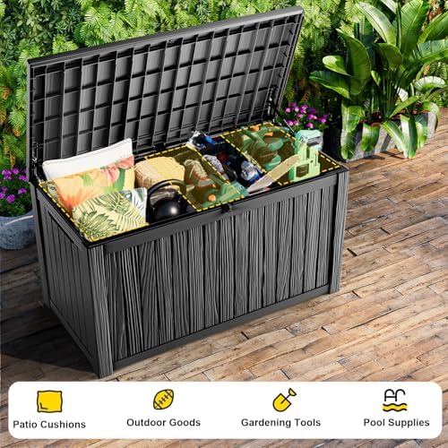 Outdoor Waterproof Resin Storage Deck Box Lockable Outside Bench UV Resistant Bin Patio Porch Furniture Pool Float Garden Tool Cushion (Black, 200 Gallon) - Image 4