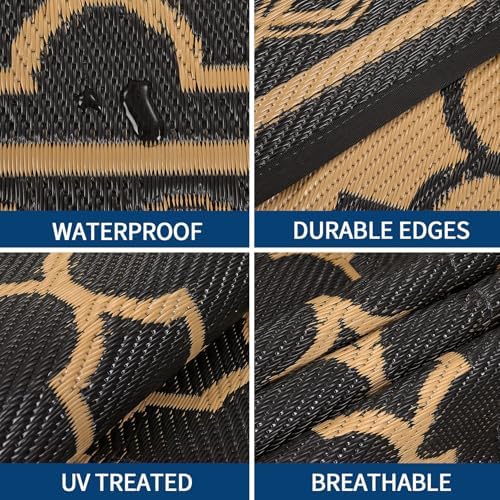 GlowSol Outdoor Rug Waterproof 10x14 ft Large Reversible Outdoor Plastic Straw Patio Rugs,Foldable Camping Rug with Carry Bag, RV Mat Outside Rugs for Patio,Picnic,Balcony,Deck,Backyard,Black/Brown - Image 4
