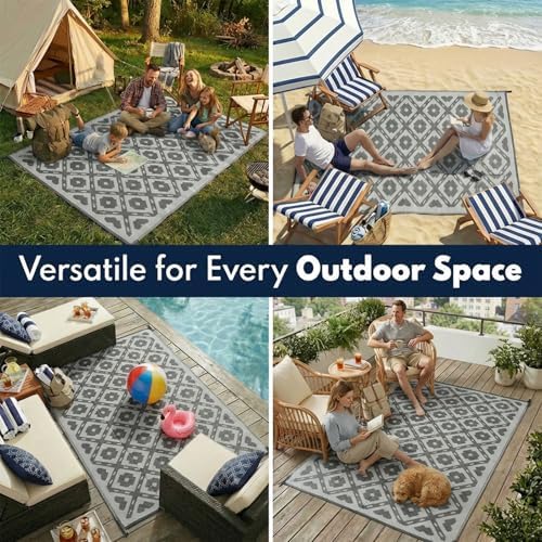 PASAMIC 9x18ft Outdoor Rug Waterproof, Reversible Plastic Straw Outdoor Patio Rug Clearance, Portable Indoor Outdoor Carpet for Patio, RV, Deck, Balcony, Backyard, Picnic, Beach, Square Dashed Gray - Image 5