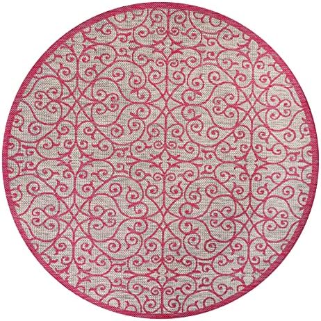 Eyely Filigree Weave Round Rug 5 Ft Lt Gray/Fuchsia, Indoor Outdoor Rug - Image 3