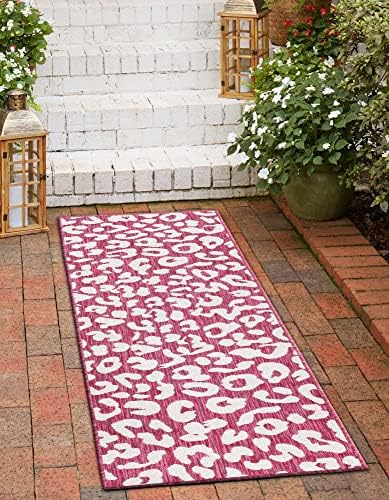 Unique Loom Outdoor Safari Collection Area Rug - Leopard (2' x 6' 1" Runner, Magenta/ Ivory) - Image 4