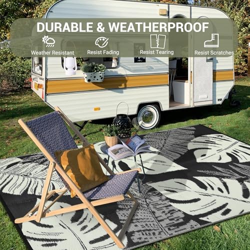 COZYLOOM Outdoor Rug 9' x 12' Waterproof for Patios Clearance, Reversible Plastic Straw Camping Carpet, Modern Leaf Large Area Rugs Mats RV, Picnic, Backyard, Deck, Balcony, Porch, Beach, Black Beige - Image 6