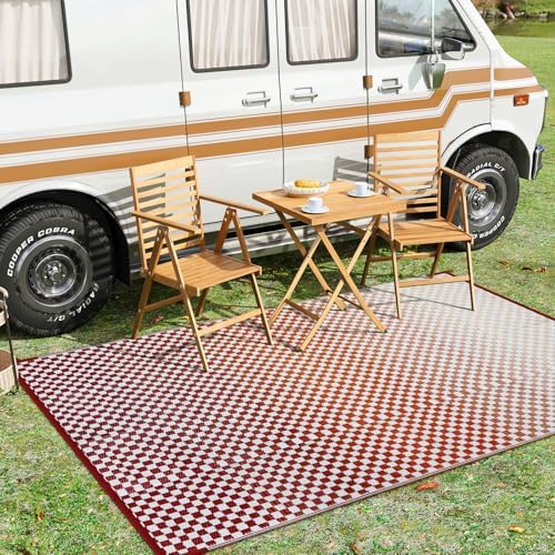 Wonnitar Waterproof Outdoor Rug 6x9 - Orange Red Gradient Checkered Camping RV Rug, Outside Patio Plastic Straw Mat for Balcony, Lightweight Reversible Portable Deck Carpet - Image 6