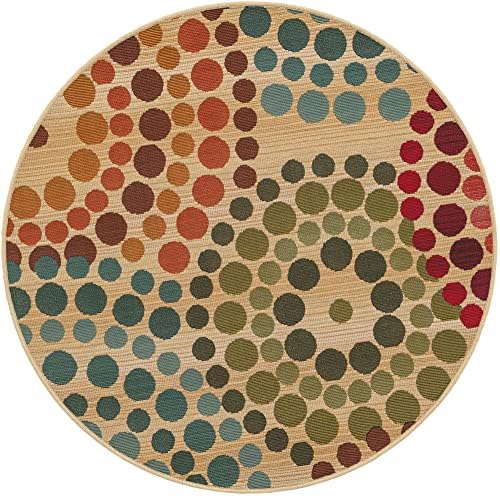 Unique Loom Outdoor Modern Collection Area Rug - Spark (3' 1" Round, Beige/ Burgundy) - Image 3