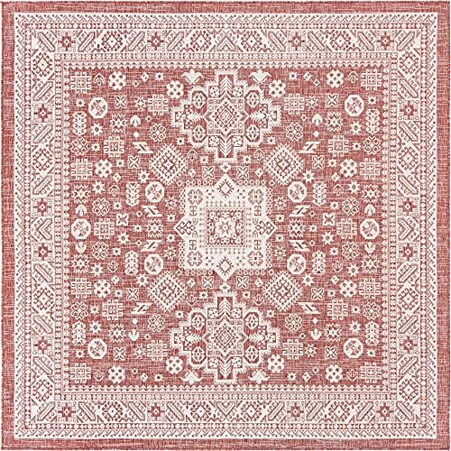 Rugs.com Outdoor Aztec Collection Rug – 8 Ft Square Rust Red Flatweave Rug Perfect for Living Rooms, Kitchens, Entryways - Image 3