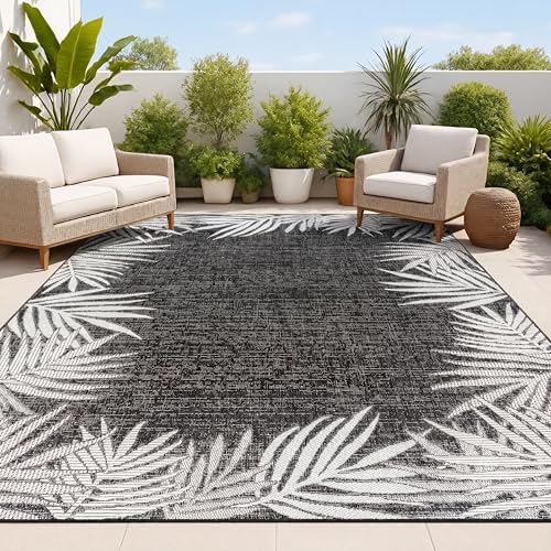 JONATHAN Y Tuscan Sun Polypropylene Indoor Outdoor Area Rug, Dark Gray and Ivory Isla Coastal Cottage Palm Frond Border Design, 2'11" x 4'11", Durable Low-Pile for Patio or Entryway TSN207D-3 by JONATHANY