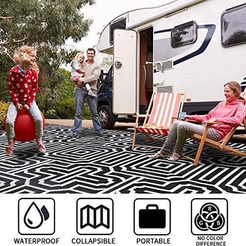 9' x 12' Plastic Straw Rug, Outdoor Patio Rug, RV Large Floor Mat for Outdoors, RV, Patio, Backyard, Deck, Picnic, Beach, Trailer, Camping, (Black&White | Parquet) - Image 5