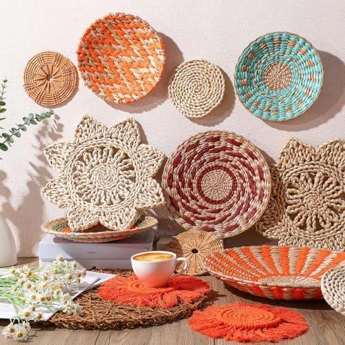 Anglechic 15 Pcs Boho Wall Basket Decor Woven Rattan Seagrass Wall Decor Hanging Rustic Farmhouse Western Art Decoration for Nursery Living Room Bedroom Home Kitchen(Orange Style) - Image 4