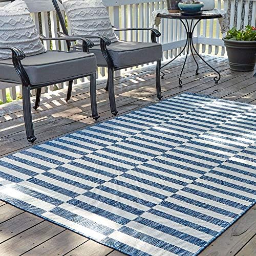 Unique Loom Outdoor Striped Collection Area Rug - Striped (7' 1" x 10' Rectangle, Blue/Ivory) - Image 2