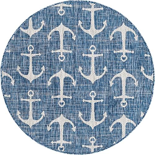 Unique Loom Outdoor Coastal Collection Area Rug - Ahoy (4' 1" Round, Blue/ Ivory) - Image 3