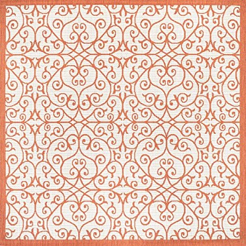 Eyely Filigree Weave Square Rug 5X5 Cream/Orange, Indoor Outdoor Rug - Image 3