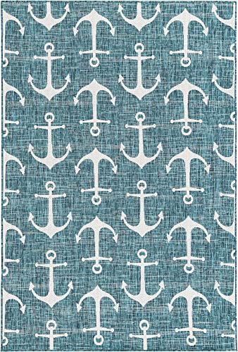 Unique Loom Outdoor Coastal Collection Area Rug - Ahoy (6' 1" x 9' Rectangle, Teal/ Ivory) - Image 3