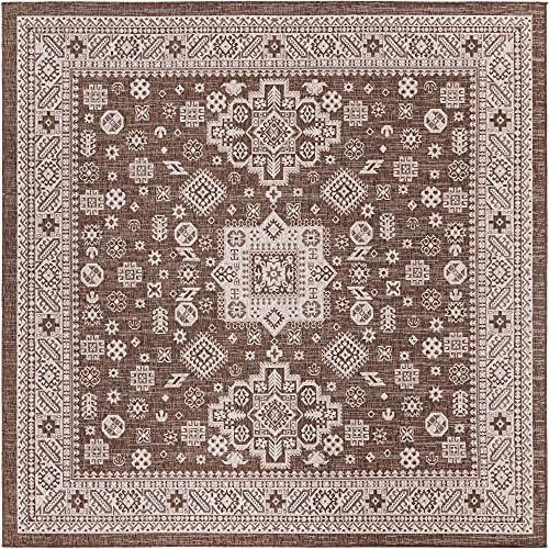 Rugs.com Outdoor Aztec Collection Rug – 10 Ft Square Brown Flatweave Rug Perfect for Living Rooms, Kitchens, Entryways - Image 3