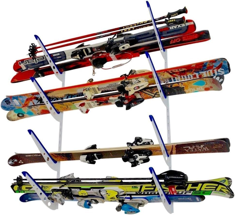 StoreYourBoard Ski Rack Wall Mount, Horizontal Ski Storage Rack for Garage, 4-Level Ski Wall Mount with Padded Arms, Ski Pole Holder, Ski Holders for Wall, Winter Gear Organizer, White, Holds 100 lbs by StoreYourBoard