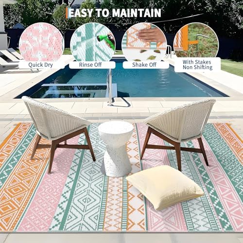 Outdoor Patio Rug 10x20 Outdoor Rug Boho Plastic Straw Rugs for Patio Reversible Mat Waterproof Camping Rugs for RV Beach Deck Picnic Backyard Porch Easy Clean Floor Cover, Orange Pink - Image 4