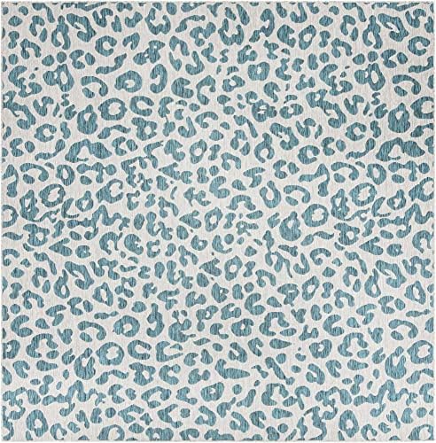 Unique Loom Outdoor Safari Collection Area Rug - Leopard (10' 8" Square, Teal/ Ivory) - Image 3