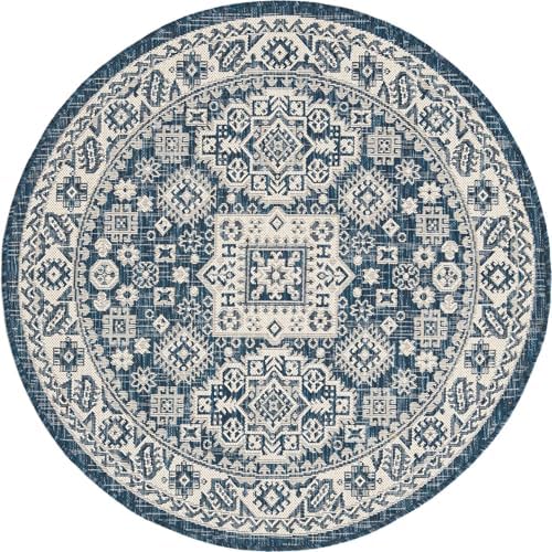 Rugs.com - Outdoor Aztec Rug – 4 Ft Round Blue Indoor/Outdoor Rug – Washable Flatweave for Patio, Deck, and Porch - Image 3