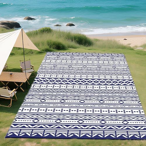 Outsunny Outdoor Rug for Patio Waterproof 9' x 18' Blue & White Geometric by Outsunny