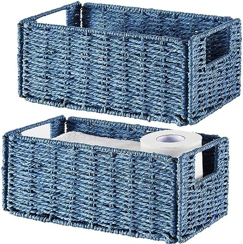 Vagusicc Wicker Baskets for Storage, Set of 4 Hand-Woven Wicker Storage Baskets for Shelves, Cube Storage Baskets Bins with Handles, Wicker Basket for Organizing Pantry Bedroom, Blue - Image 6