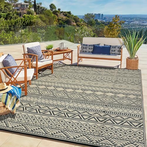 GlowSol 9x12 Outdoor Rug Waterproof Carpet with Carry Bag Outdoor Plastic Straw Rug for Patio Modern Camping Mat Easy Cleaning Reversible Outdoor Carpet for Balcony Deck Backyard RV Picnic,Brown by GLOWSOL