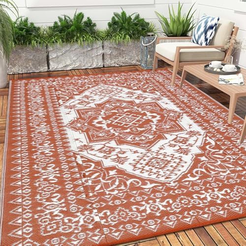 Outdoor Plastic Straw Rug 9x18 Large Vintage Medallion Waterproof Rug for Patio Outside Floor Mat Lightweight Reversible Outdoor Rugs for RV Beach Camping Backyard Deck Picnic, Orange by Unknown