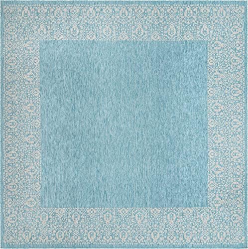 Unique Loom Outdoor Border Collection Area Rug - Floral Border (13' Square, Aqua/ Ivory) - Image 3