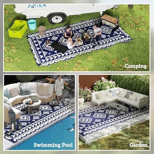 Outsunny Outdoor Rug for Patio Waterproof 9' x 18' Blue & White Rhombus - Image 5