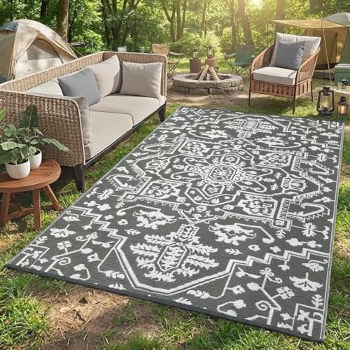 GAOMON 8x10 Grey Outdoor Rug Waterproof Boho Vintage Reversible Plastic Straw Rug Mat UV-Resistant Foldable Retro Medallion Camping Indoor Outdoor Carpet for Patio RV Deck Balcony Picnic, Grey White by GAOMON