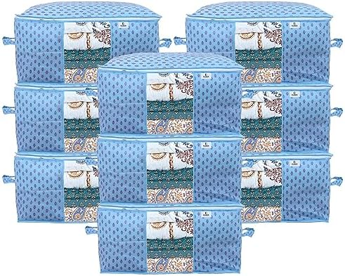 Kuber Industries Foldable Underbed Storage Bag|Organizer For Clothes Large|Non-Woven Comforter, Blanket Cover|Metalic Print & Side Handle|Pack of 9 (Sky Blue) by Kuber+Industries