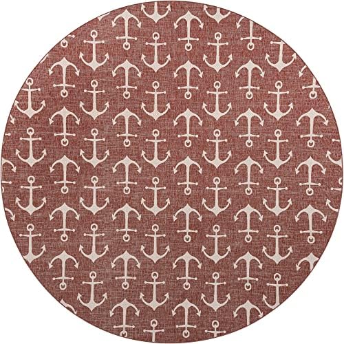 Unique Loom Outdoor Coastal Collection Area Rug - Ahoy (13' Round, Rust Red/ Ivory) - Image 2