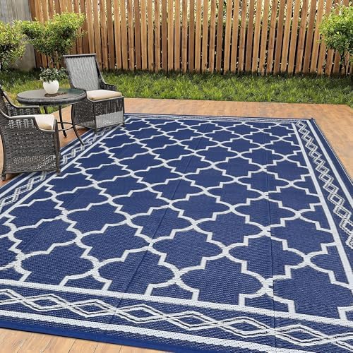 Outdoor Plastic Straw Rug 9x18 Large Floor Mat Vintage Trellis Waterproof Rug for Patio Reversible Outdoor Rugs for RV Beach Patio Camping Backyard Deck Picnic Dark Blue - Image 2