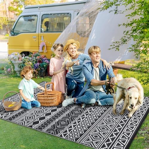 GlowSol Outdoor Rug 9x12 for Patio,Waterproof Outdoor Plastic Straw Rugs with Carry Bag,Reversible Camping Carpet RV Mat Outside for Patio, Camp, Picnic, Balcony, Deck, Backyard, Black & White - Image 5