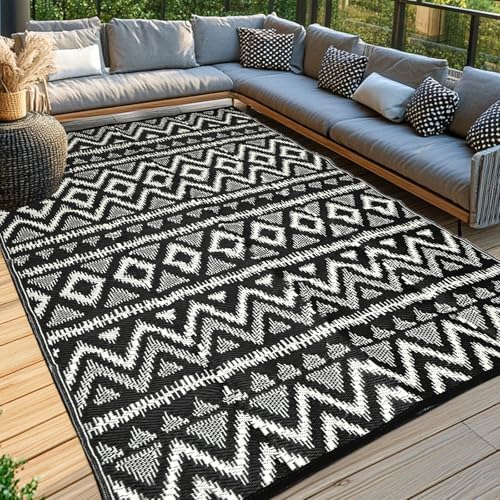 Waterproof Outdoor Rug 8x10 ft, Reversible Plastic Straw Rug, Easy to Clean Patio Rug, Portable Carpet for Patio, RV, Deck, Balcony, Backyard, Picnic, Beach, Geometric Diamond, Gray by PASAMIC